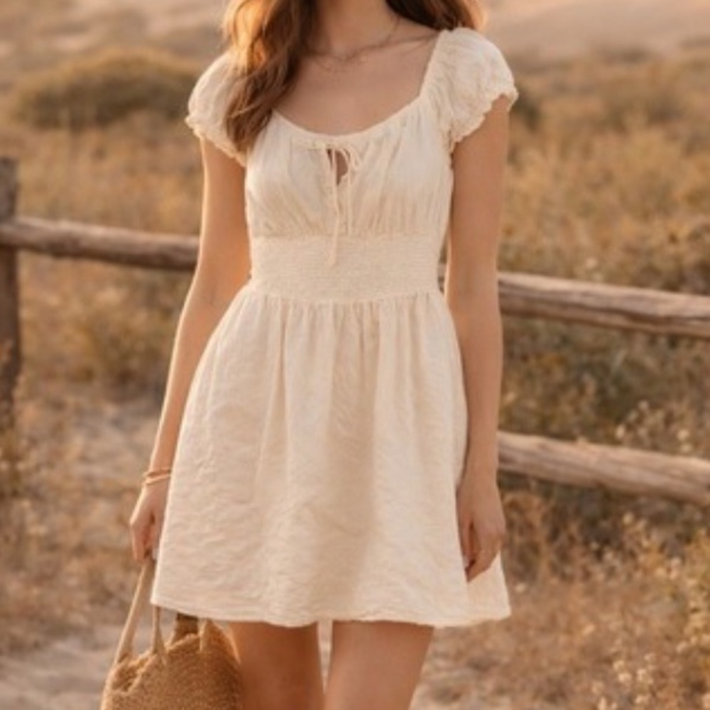 OLD NAVY Ivory Eyelet Summer Dress with Smocked Waist & Ruffle Sleeve | Small
